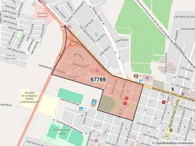 Mapa del código postal 67769, Linares, Nuevo León