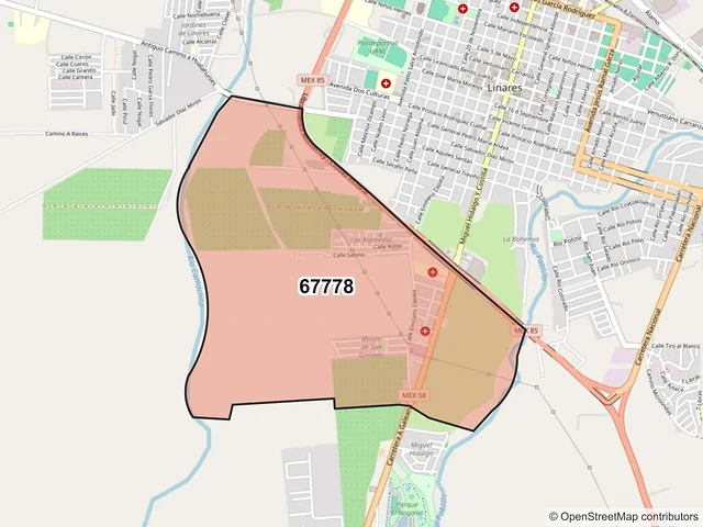 Mapa del código postal 67778, Linares, Nuevo León