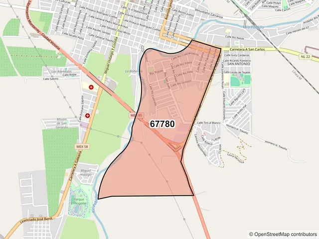 Mapa del código postal 67780, Linares, Nuevo León