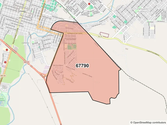 Mapa del código postal 67790, Linares, Nuevo León