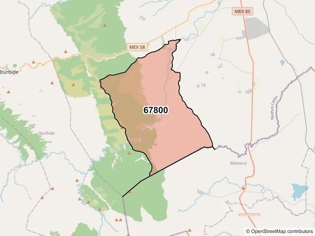 Mapa del código postal 67800, Linares, Nuevo León