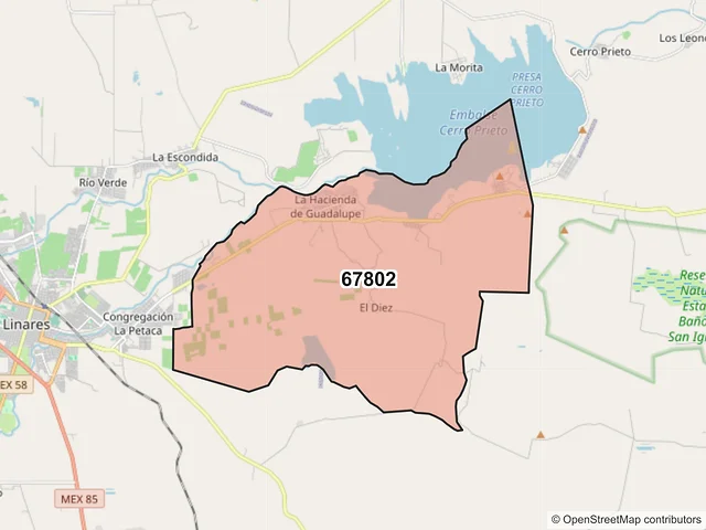Mapa del código postal 67802, Linares, Nuevo León