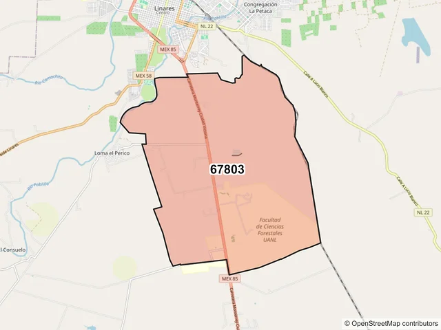 Mapa del código postal 67803, Linares, Nuevo León