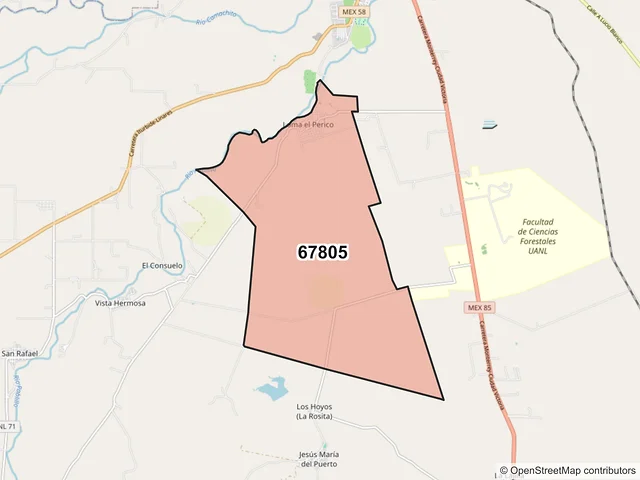 Mapa del código postal 67805, Linares, Nuevo León
