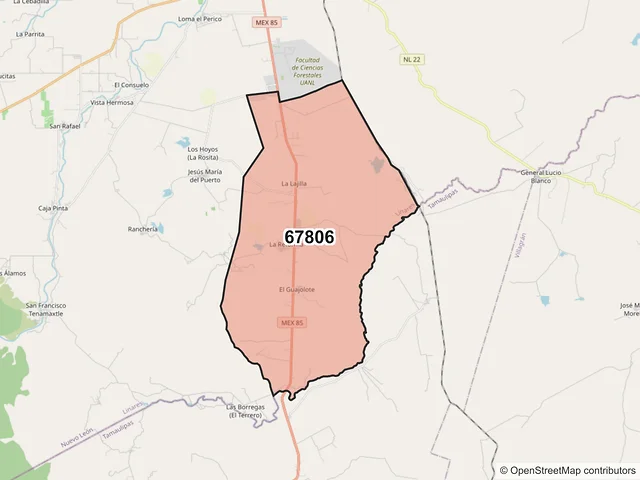 Mapa del código postal 67806, Linares, Nuevo León