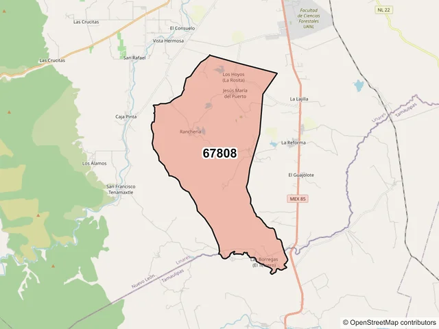 Mapa del código postal 67808, Linares, Nuevo León