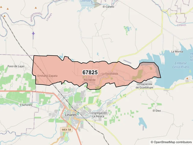 Mapa del código postal 67825, Linares, Nuevo León