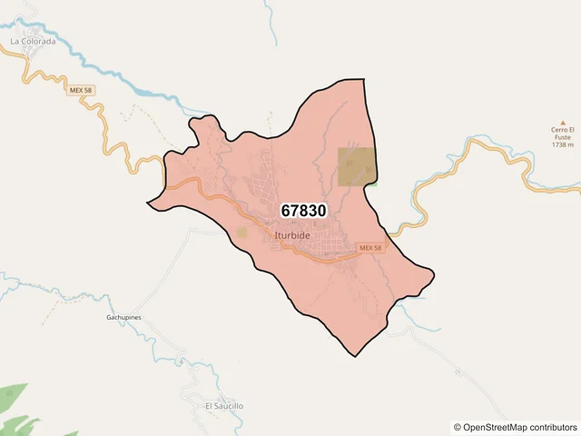 Mapa del código postal 67830, Iturbide, Nuevo León
