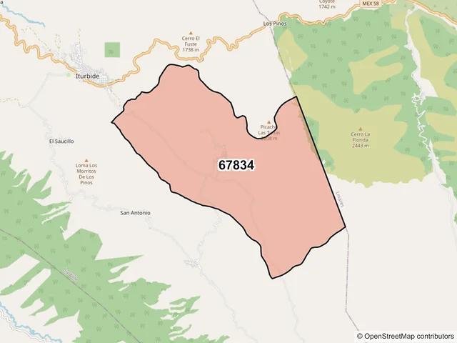 Mapa del código postal 67834, Iturbide, Nuevo León