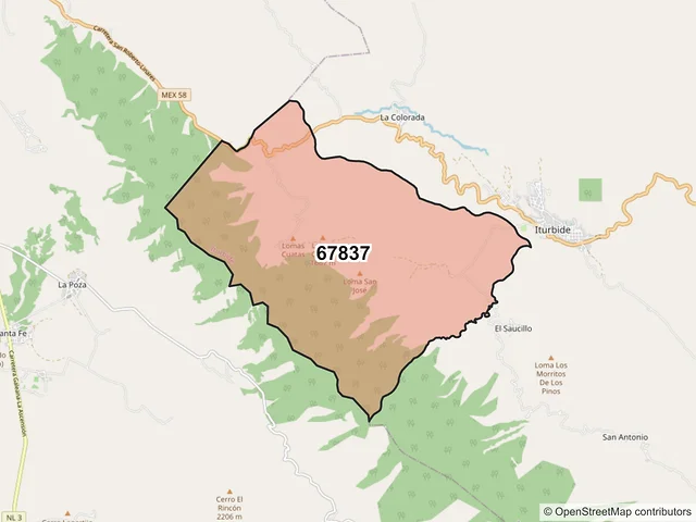 Mapa del código postal 67837, Iturbide, Nuevo León