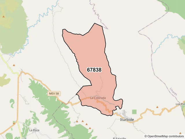 Mapa del código postal 67838, Iturbide, Nuevo León