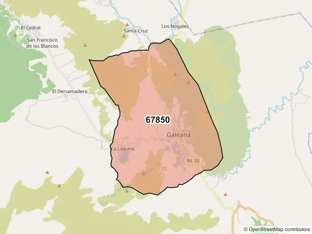 Mapa del código postal 67850, Galeana, Nuevo León