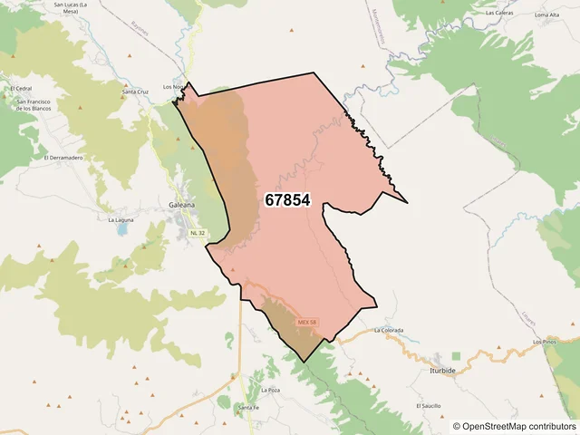 Mapa del código postal 67854, Galeana, Nuevo León