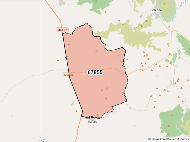 Mapa del código postal 67855, Galeana, Nuevo León