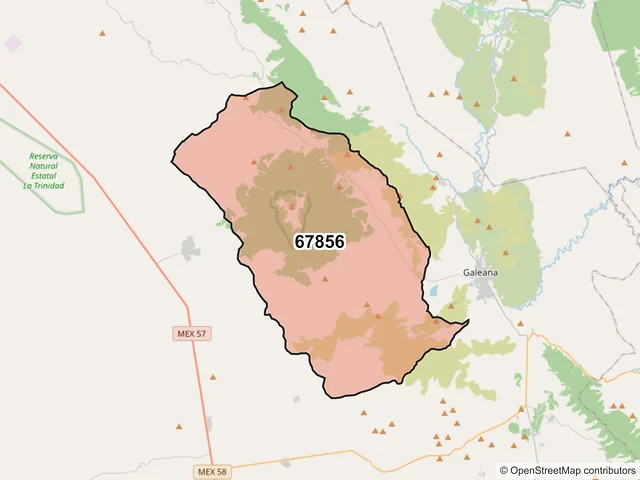 Mapa del código postal 67856, Galeana, Nuevo León