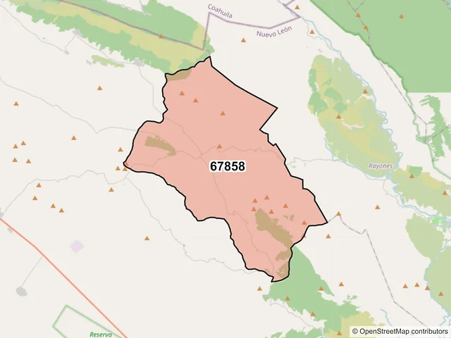 Mapa del código postal 67858, Galeana, Nuevo León