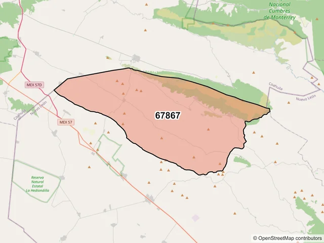 Mapa del código postal 67867, Galeana, Nuevo León