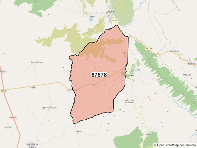 Mapa del código postal 67878, Galeana, Nuevo León