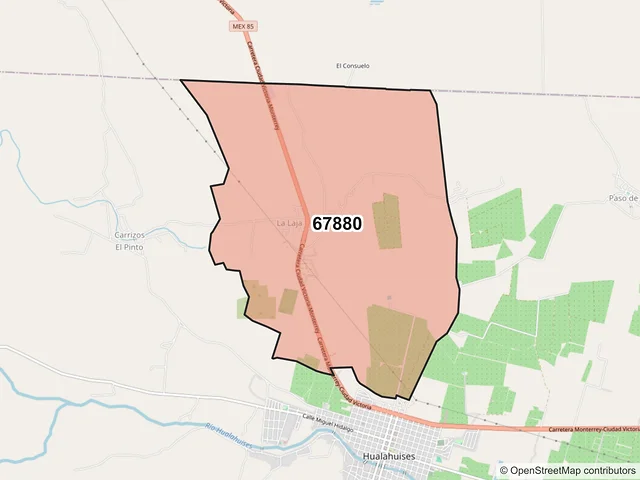 Mapa del código postal 67880, Hualahuises, Nuevo León