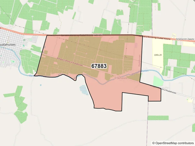 Mapa del código postal 67883, Hualahuises, Nuevo León