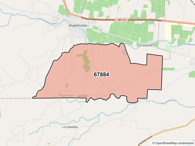 Mapa del código postal 67884, Hualahuises, Nuevo León