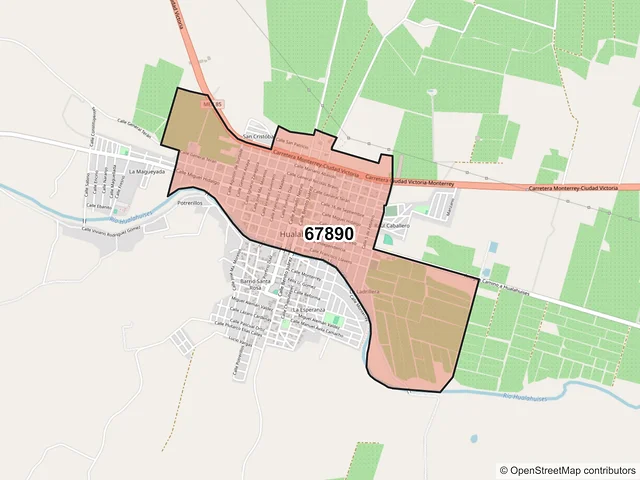 Mapa del código postal 67890, Hualahuises, Nuevo León