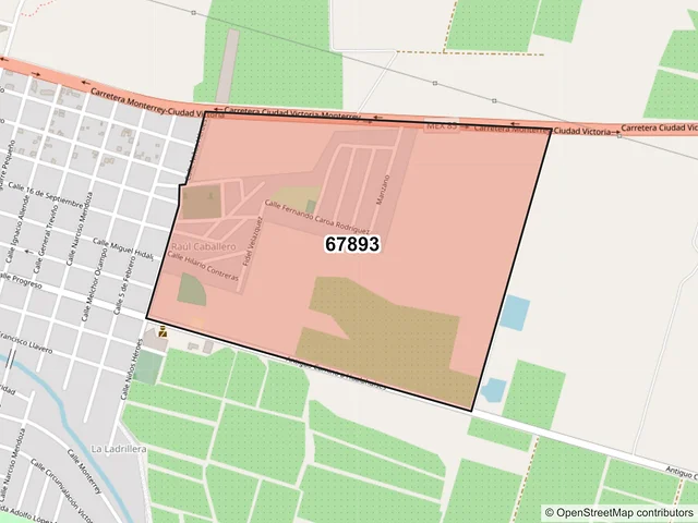Mapa del código postal 67893, Hualahuises, Nuevo León