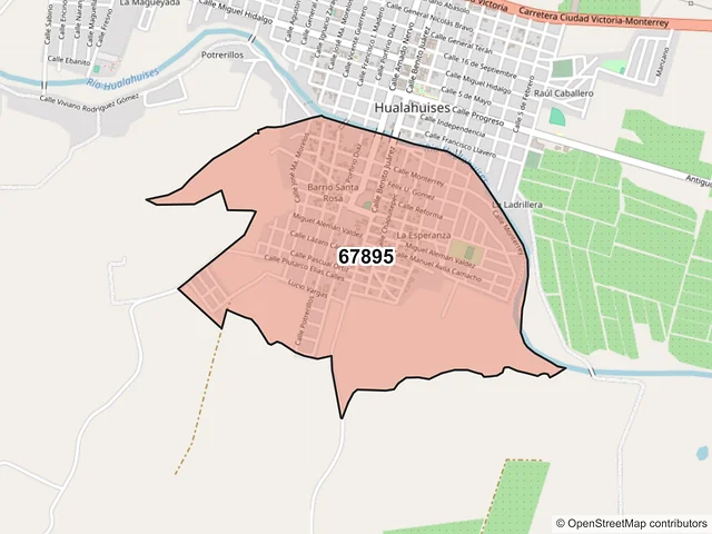 Mapa del código postal 67895, Hualahuises, Nuevo León