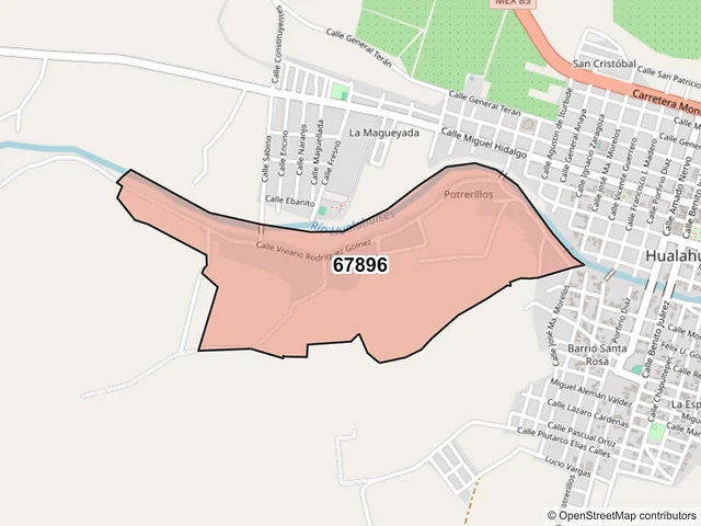 Mapa del código postal 67896, Hualahuises, Nuevo León