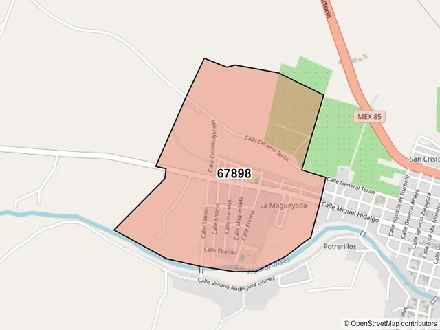 Mapa del código postal 67898, Hualahuises, Nuevo León