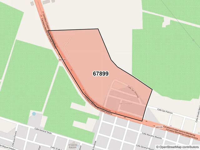Mapa del código postal 67899, Hualahuises, Nuevo León