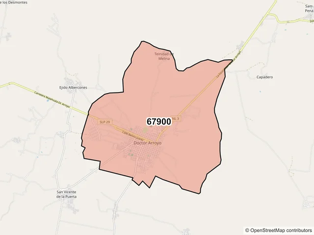 Mapa del código postal 67900, Doctor Arroyo, Nuevo León