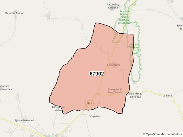 Mapa del código postal 67902, Doctor Arroyo, Nuevo León
