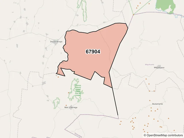 Mapa del código postal 67904, Doctor Arroyo, Nuevo León