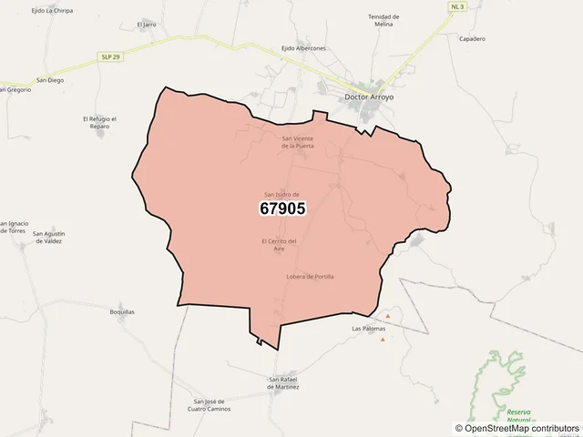 Mapa del código postal 67905, Doctor Arroyo, Nuevo León