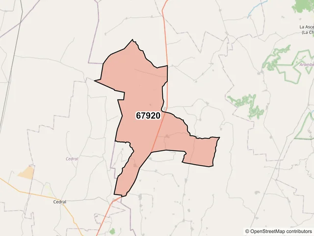 Mapa del código postal 67920, Doctor Arroyo, Nuevo León
