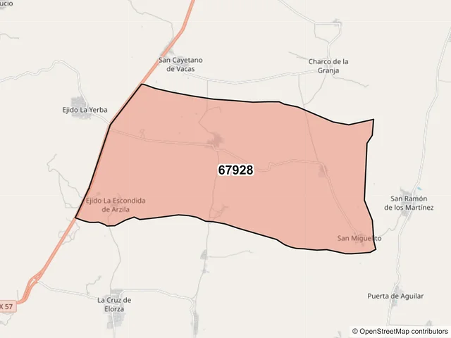 Mapa del código postal 67928, Doctor Arroyo, Nuevo León