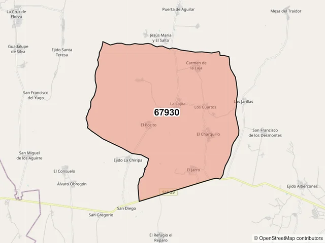 Mapa del código postal 67930, Doctor Arroyo, Nuevo León
