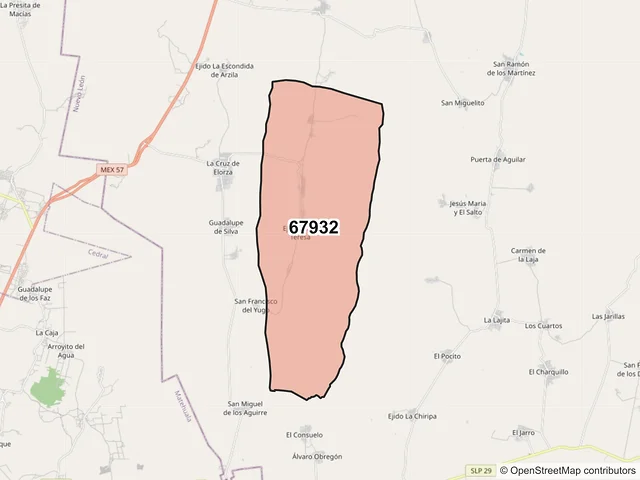 Mapa del código postal 67932, Doctor Arroyo, Nuevo León