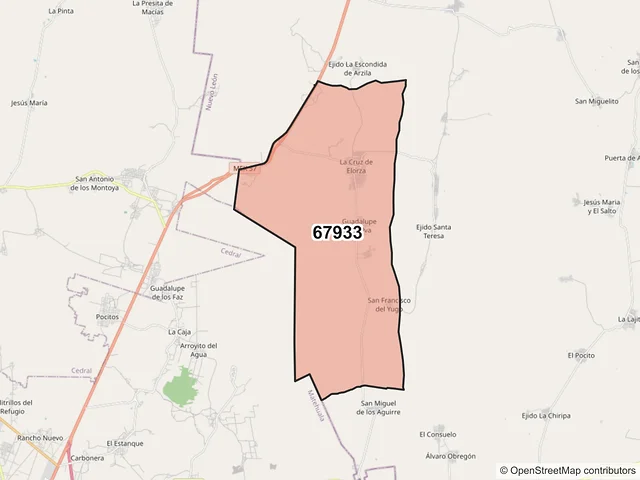 Mapa del código postal 67933, Doctor Arroyo, Nuevo León