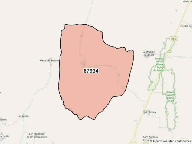 Mapa del código postal 67934, Doctor Arroyo, Nuevo León