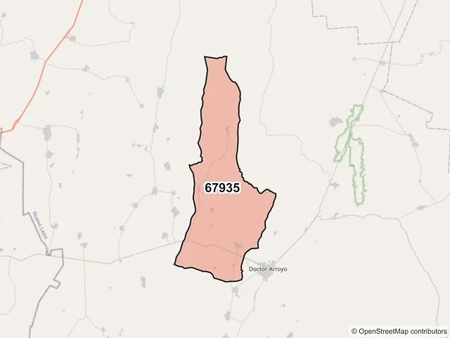 Mapa del código postal 67935, Doctor Arroyo, Nuevo León