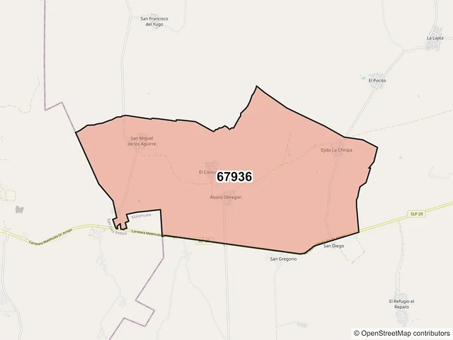 Mapa del código postal 67936, Doctor Arroyo, Nuevo León