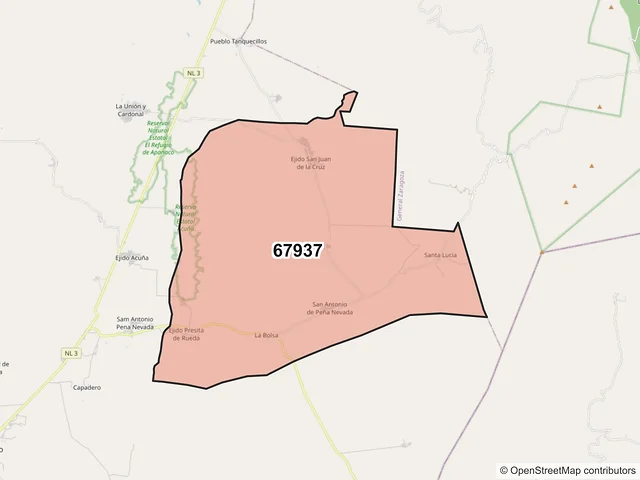 Mapa del código postal 67937, Doctor Arroyo, Nuevo León