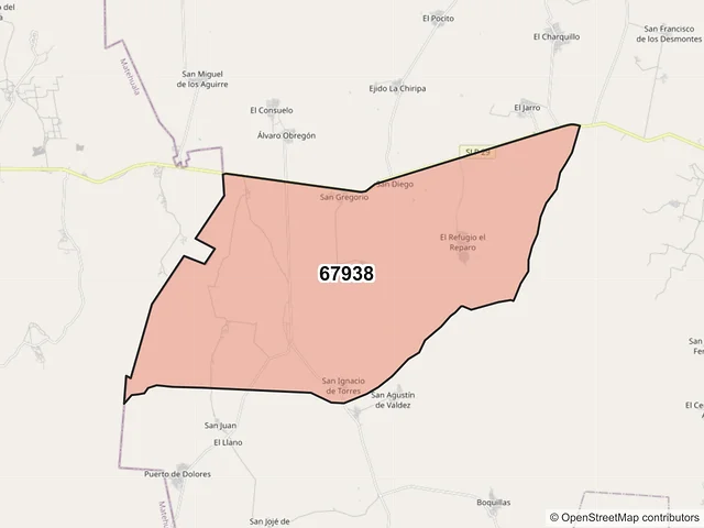 Mapa del código postal 67938, Doctor Arroyo, Nuevo León