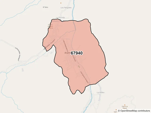 Mapa del código postal 67940, Aramberri, Nuevo León