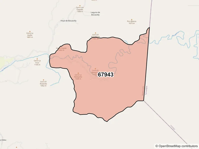 Mapa del código postal 67943, Aramberri, Nuevo León