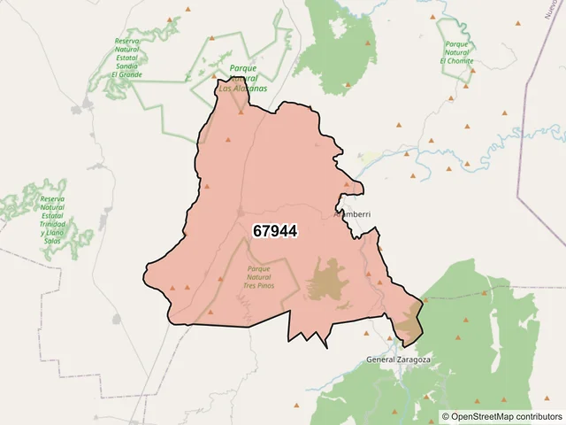 Mapa del código postal 67944, Aramberri, Nuevo León