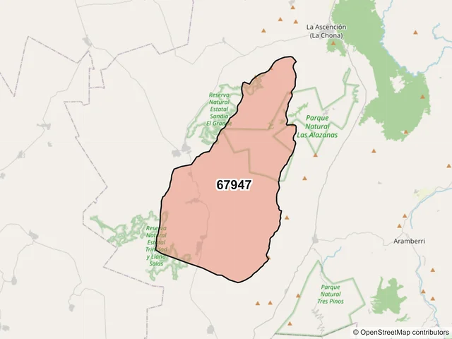 Mapa del código postal 67947, Aramberri, Nuevo León