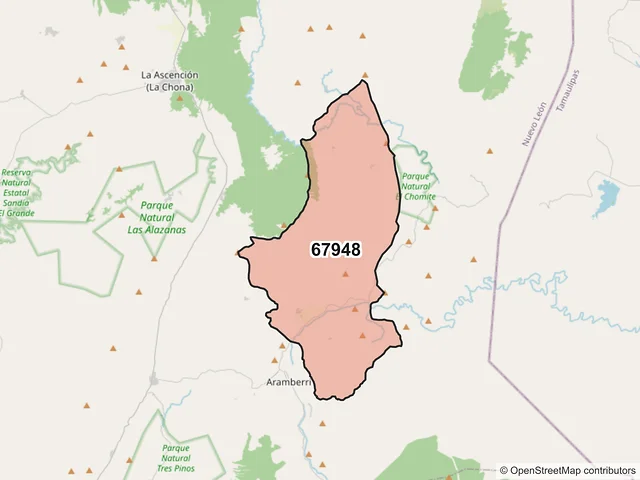 Mapa del código postal 67948, Aramberri, Nuevo León